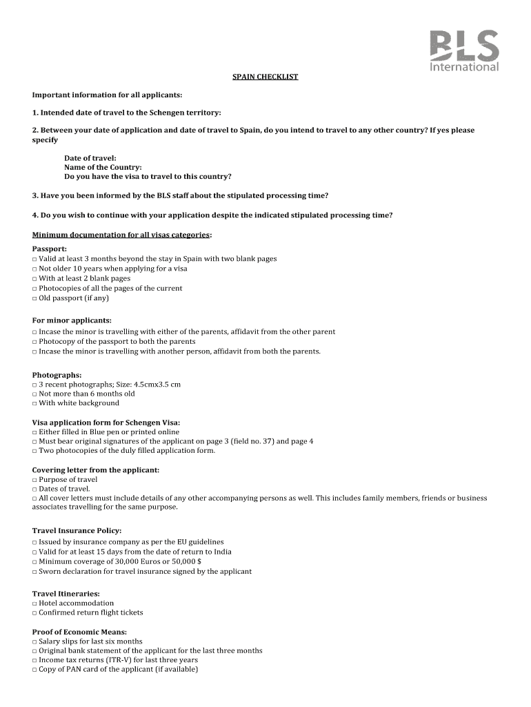 Fillable Online SPAIN VISA APPLICATION CHECKLIST Fax Email Print pdfFiller