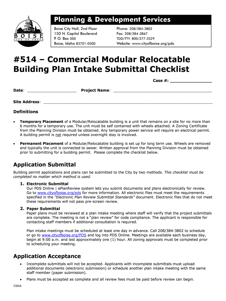 Fillable Online pds cityofboise Commercial Modular: Submittal Checklist ...
