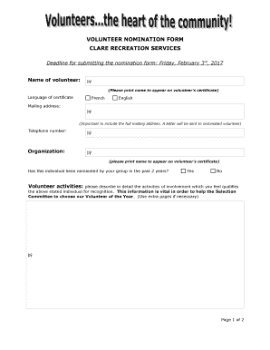 Volunteer hours letter - VOLUNTEER NOMINATION FORM CLARE RECREATION SERVICES