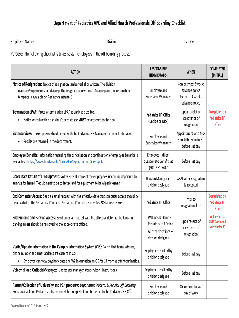 Department of Pediatrics APC and Allied Health Professionals Off-Boarding Checklist Preview on Page 1