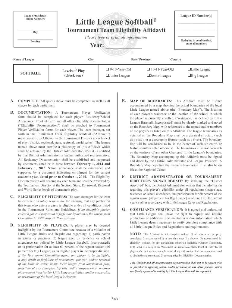 Fillable Online Little League Softball Tournament Team Little