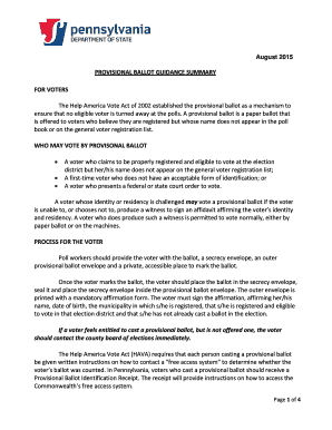 Fillable Online PROVISIONAL BALLOT GUIDANCE SUMMARY Fax Email Print ...