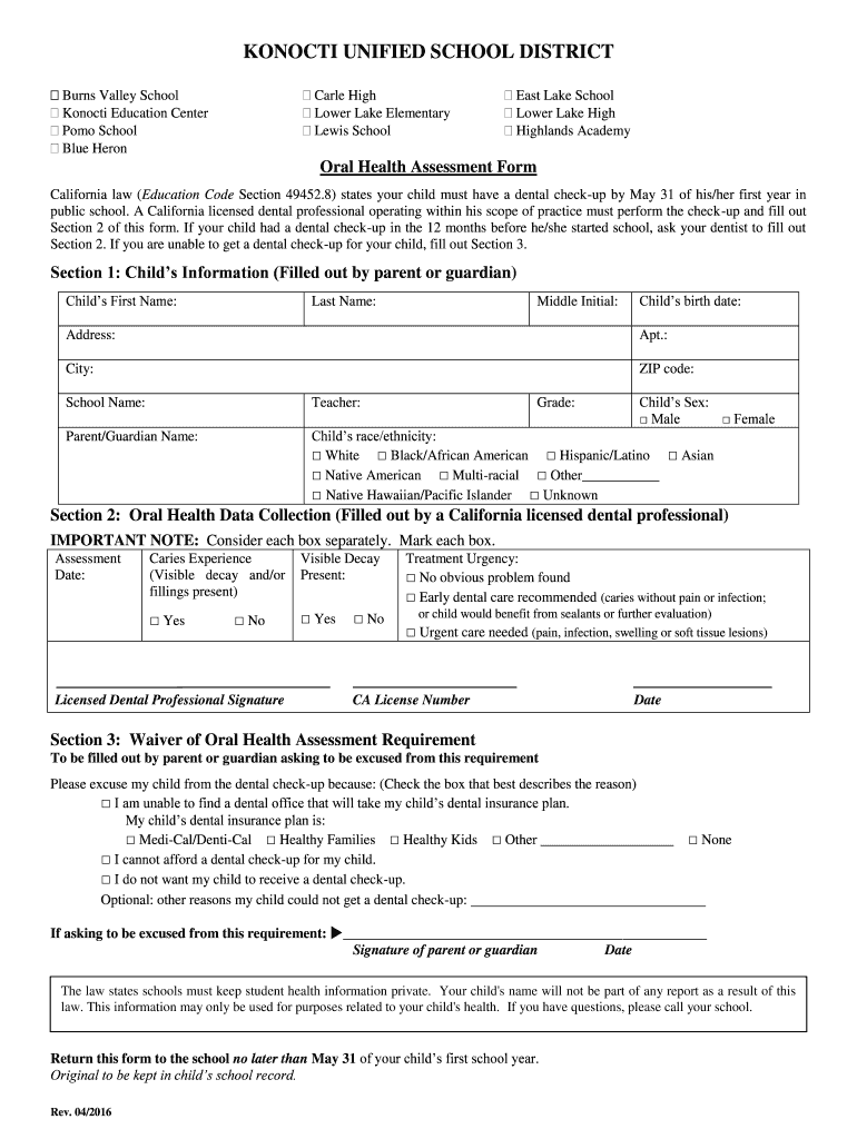 Fillable Online Oral Health Assessment Form Health Services & School