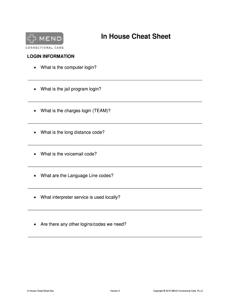 Fillable Online In House Cheat Sheet Fax Email Print - pdfFiller