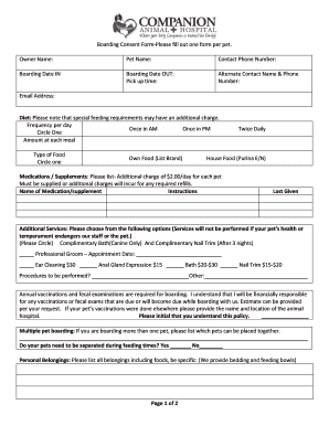 Boarding Consent Form-Please fill out one form per pet. Owner ...