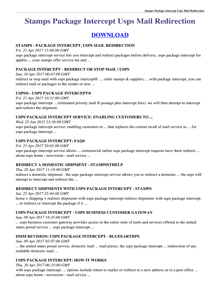 Fillable Online Stamps Package Intercept Usps Mail Redirection. stamps