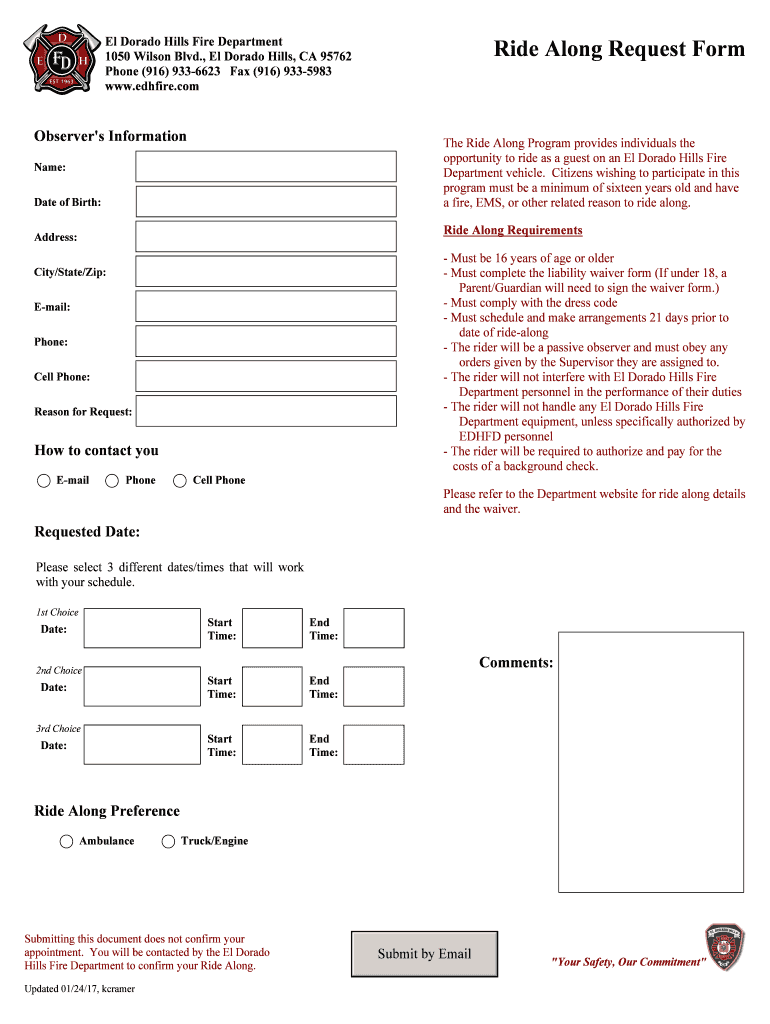 Fillable Online El Dorado Hills Fire Department Ride Along Request Form