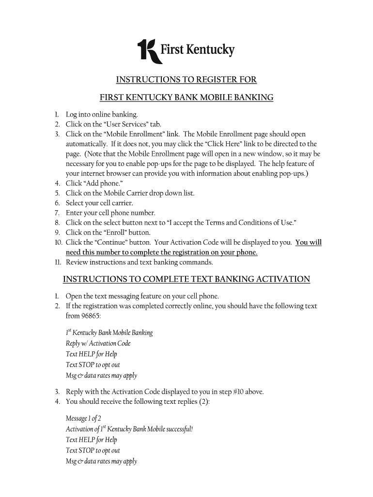 Fillable Online instructions to register for first kentucky bank mobile