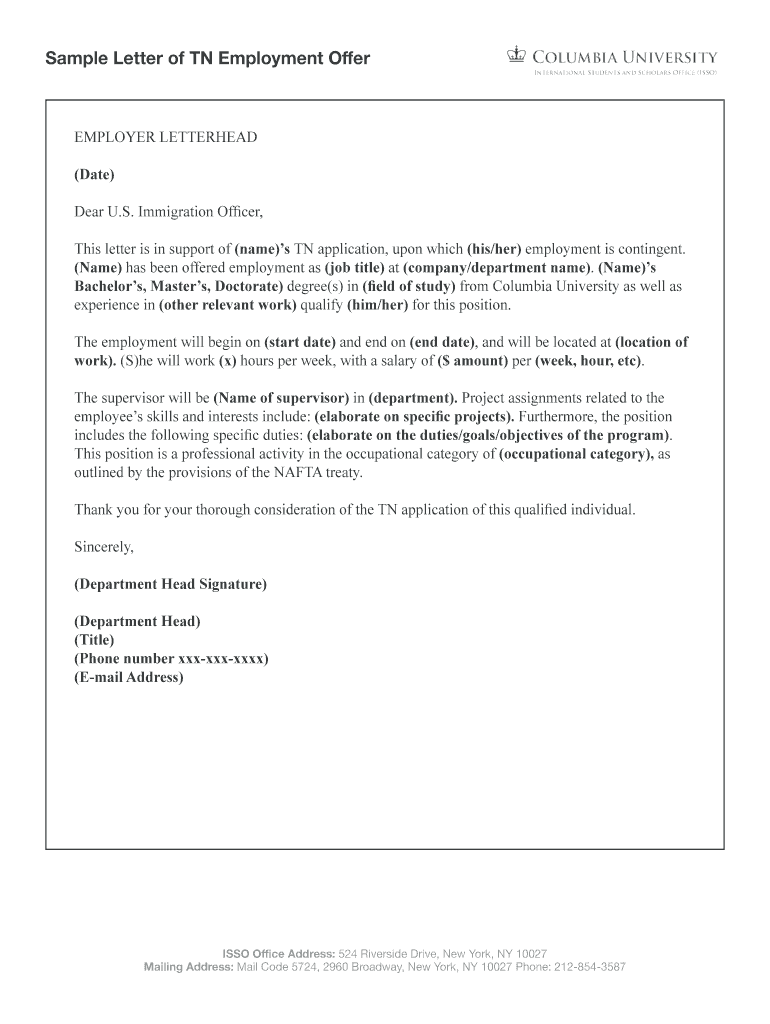 Fillable Online Sample Letter of TN Employment Offer Fax Email Print