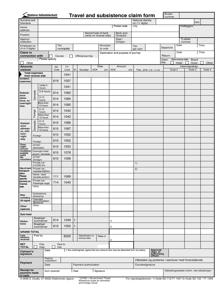 Travel and subsistence claim form Bruker- Vedleggsnr - nmbu Preview on Page 1