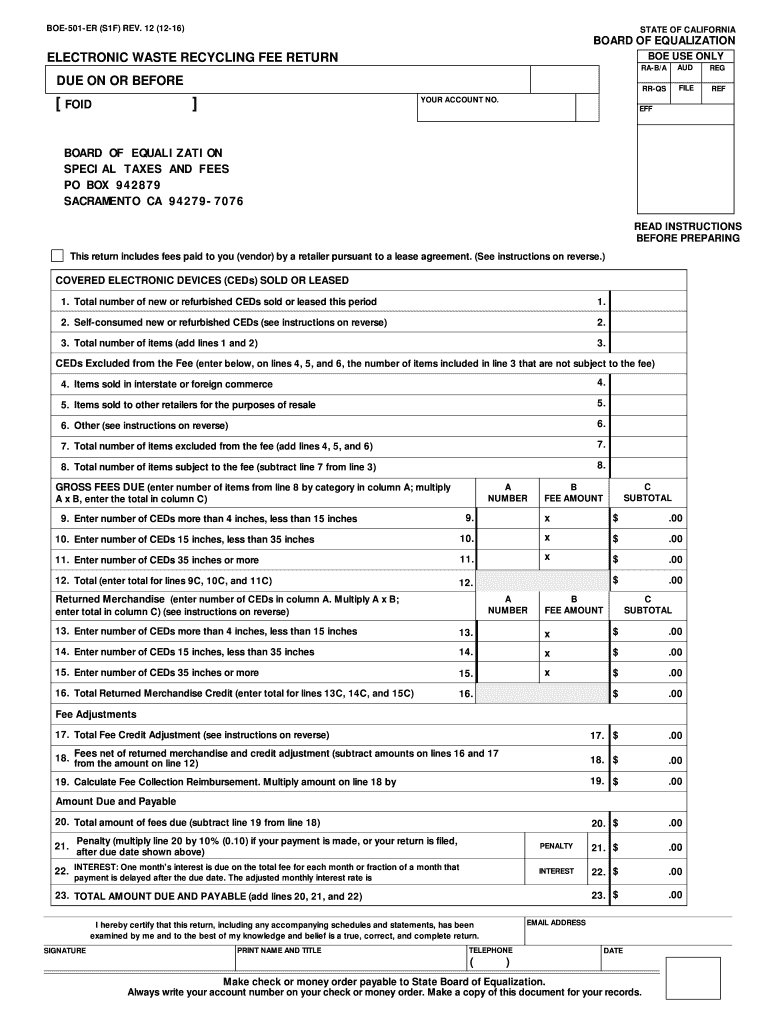 Electronic Waste Recycling Fee Return, BOE-501-ER - boe ca Preview on Page 1