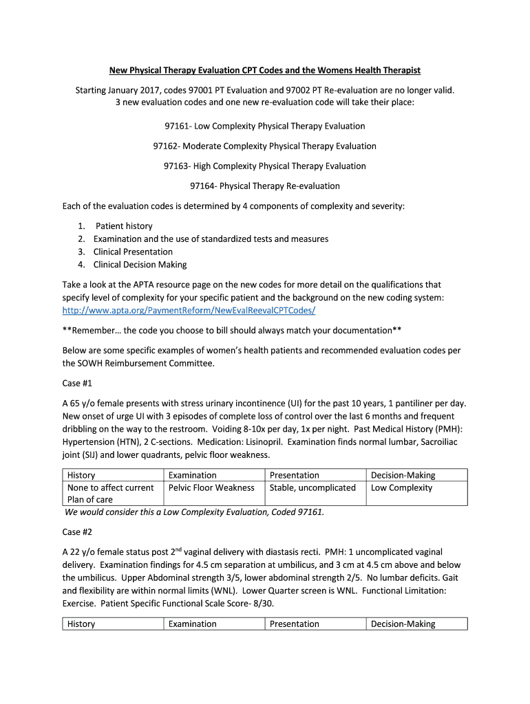 Fillable Online New Physical Therapy Evaluation CPT Codes and the