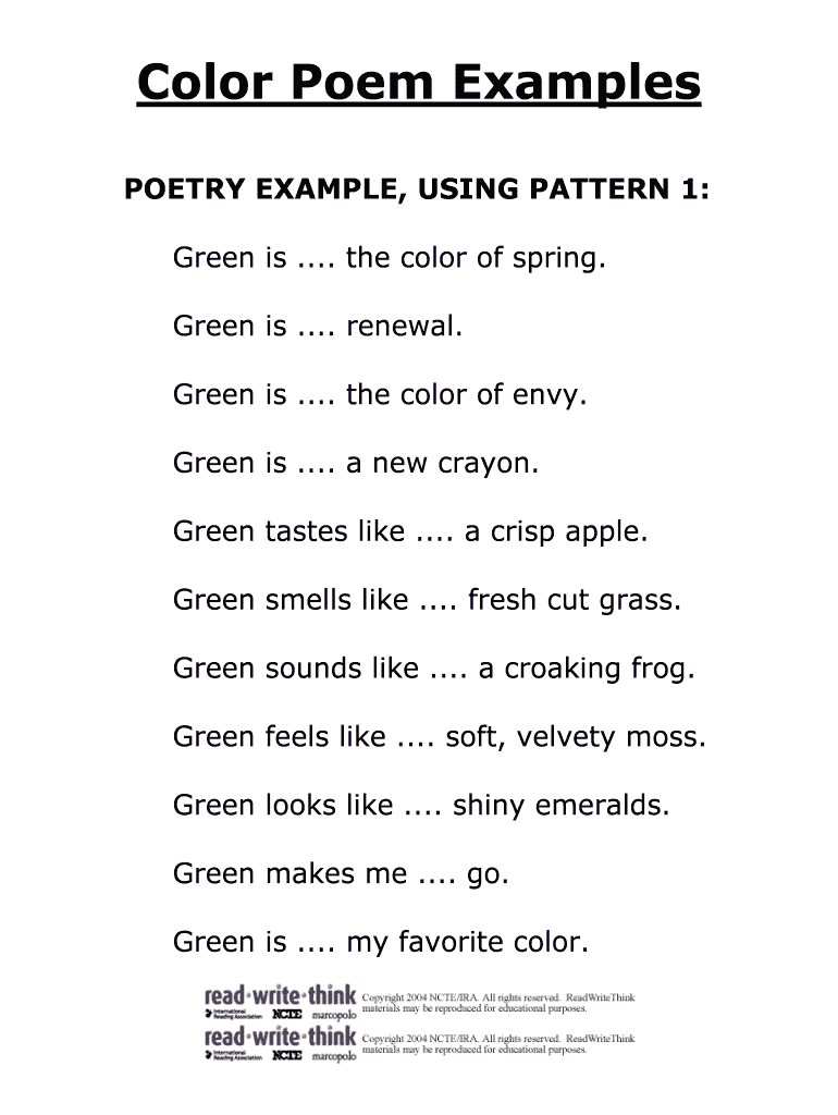Fillable Online Color Poem Examples - ReadWriteThink Fax Email Print ...