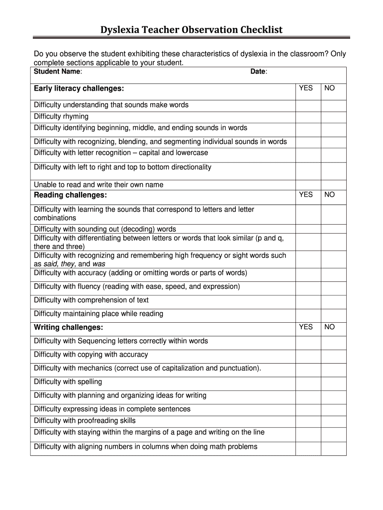 Printable Teacher Observation Form