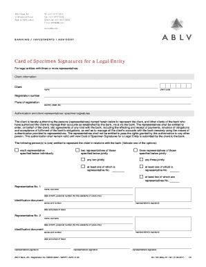 Card of Specimen Signatures for a Legal Entity