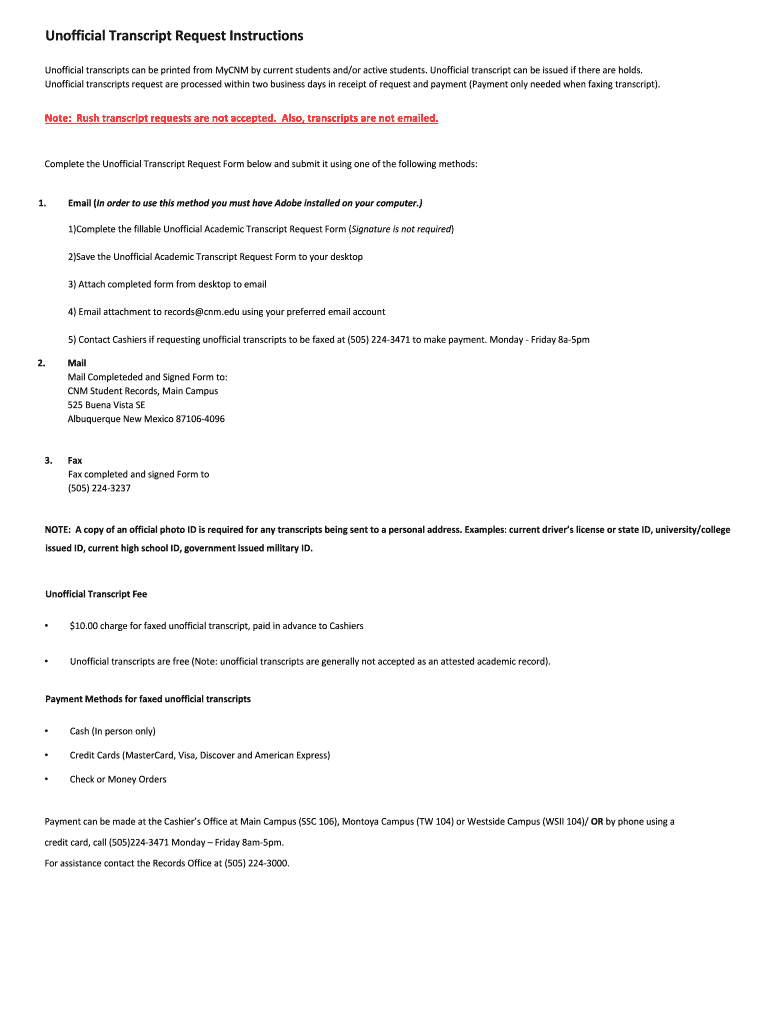 Fillable online unofficial transcript request form cnm edu fax email