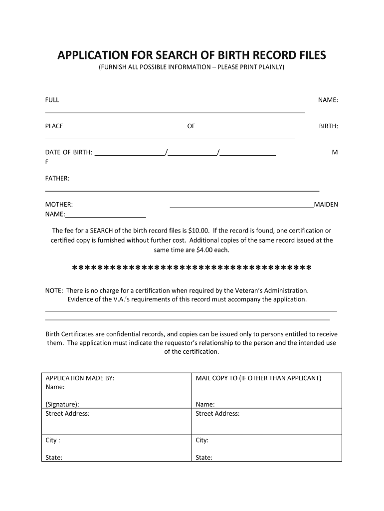 Fillable Online application for search of birth record files Hamilton