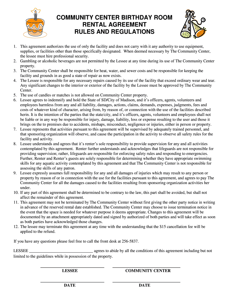 BD Room Rules Agreement - Madison Community Center Preview on Page 1