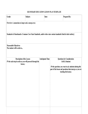 Fillable Online SECONDARY EDUCATION LESSON PLAN TEMPLATE Fax Email ...