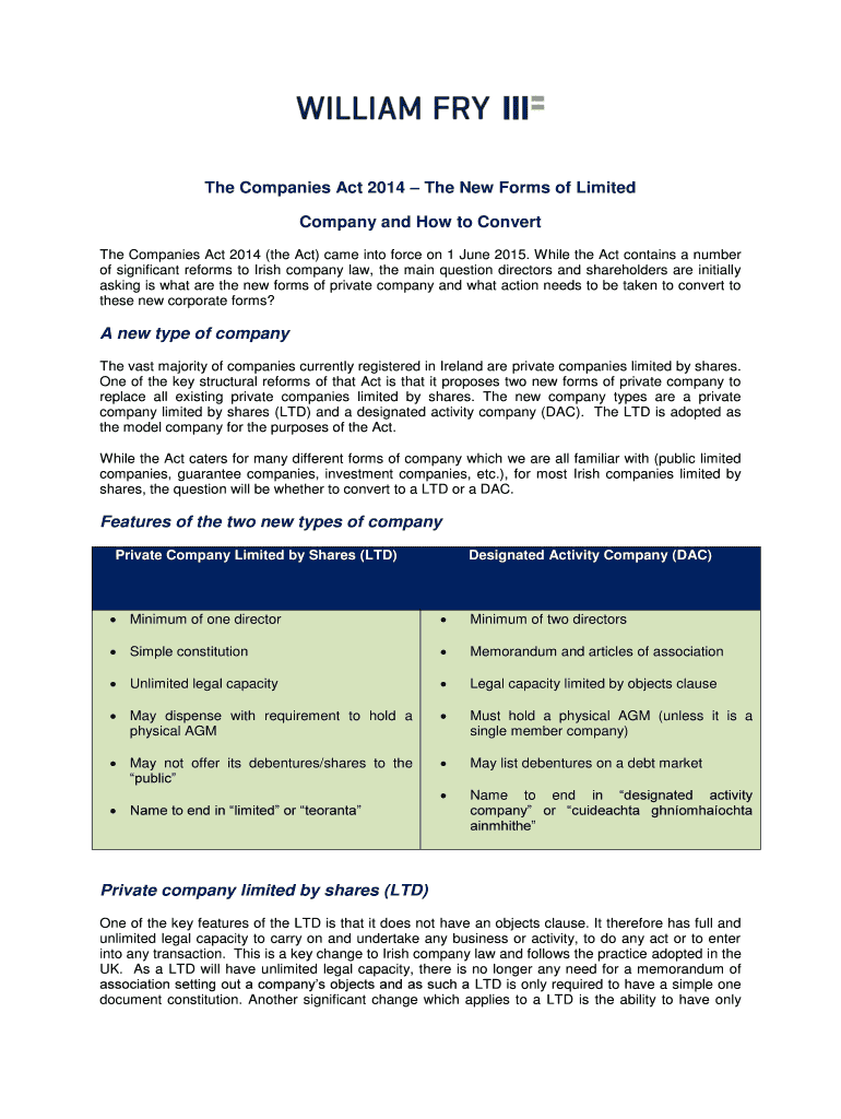 Fillable Online The Companies Act 2014 The New Forms of Limited Company and Fax Email Print