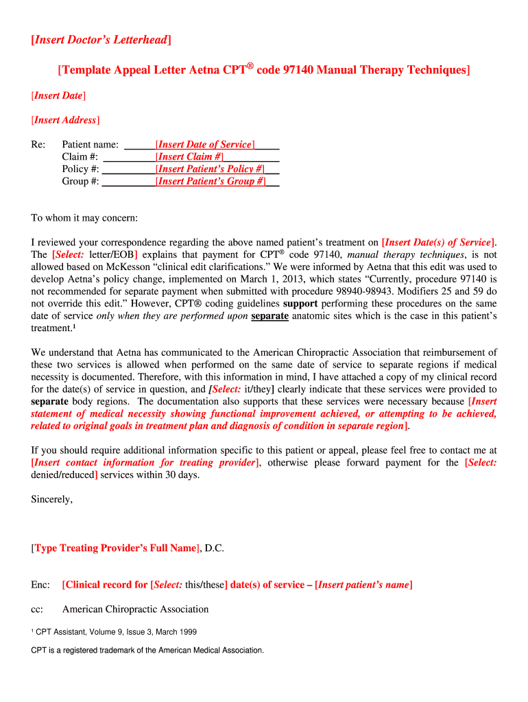 Fillable Online Template Appeal Letter Aetna CPT code 97140 Manual