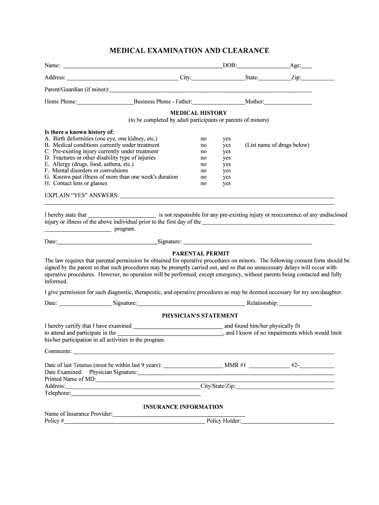 Fillable Online MEDICAL EXAMINATION AND CLEARANCE.doc Fax Email Print
