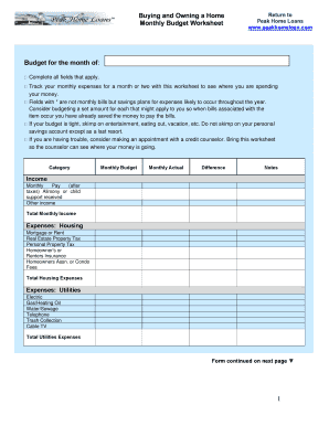 Peak Home Loans - Monthly Budget Worksheet. Peak Home Loans - Monthly Budget Worksheet - offers 2.625% mortgage refinance & home loans. A $100K loan is only $402/mo.