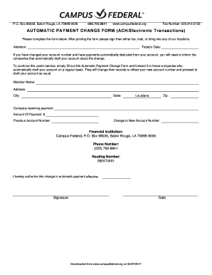 Fillable Online AUTOMATIC PAYMENT CHANGE FORM (ACH ... - Campus Federal ...