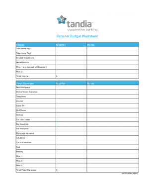 Personal Budget Worksheet - Tandia