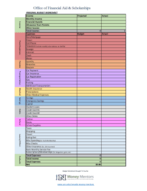 PERSONAL BUDGET WORKSHEET Income Projected Actual ...