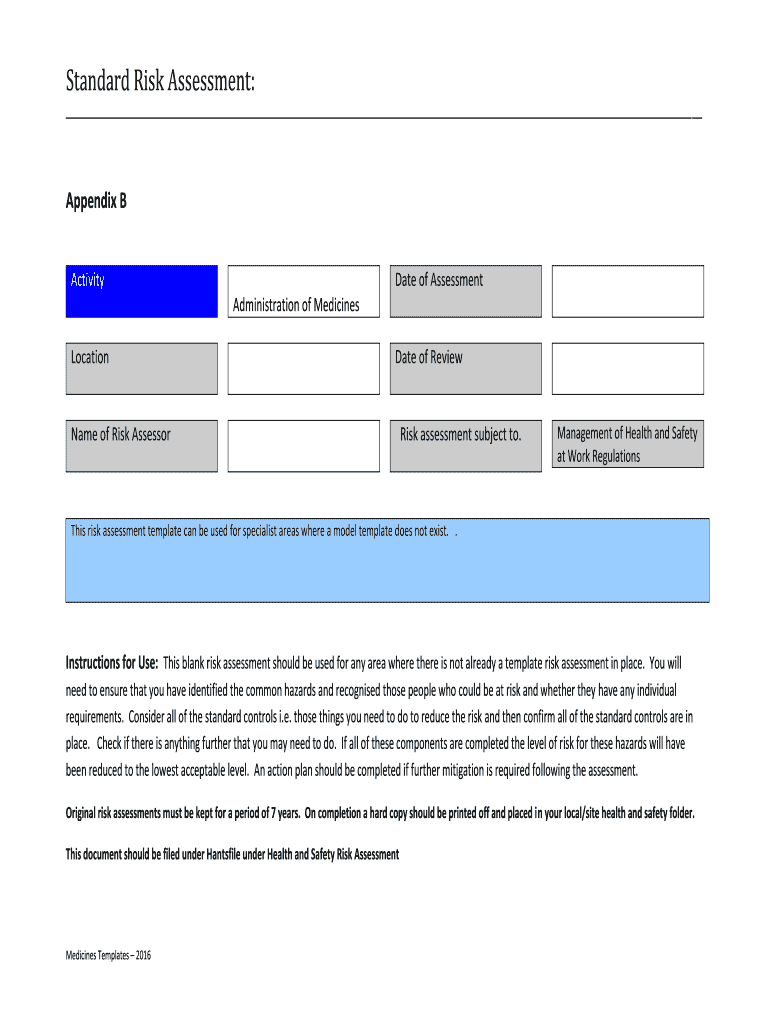 Fillable Online Standard Risk Assessment Sharps Copse Primary School