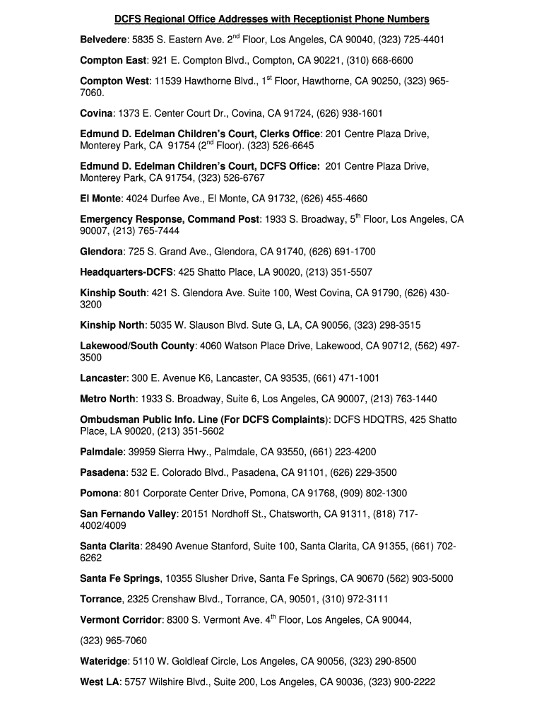 Fillable Online DCFS Regional Office Addresses with Receptionist Phone