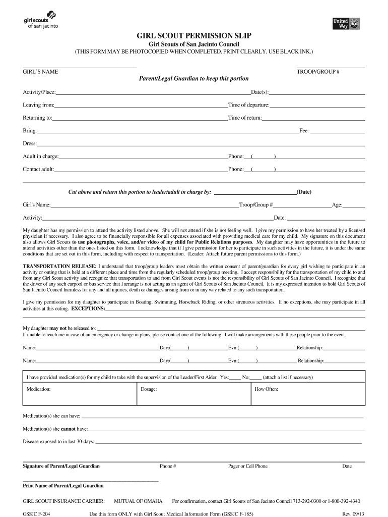 Fillable Online Girl Scout Permission Slip Girl Scouts of San Jacinto