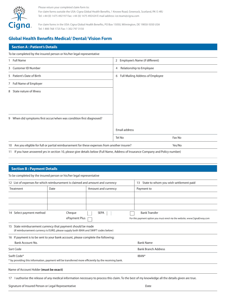 Global Health Benefits Medical Dental Vision Form Preview on Page 1