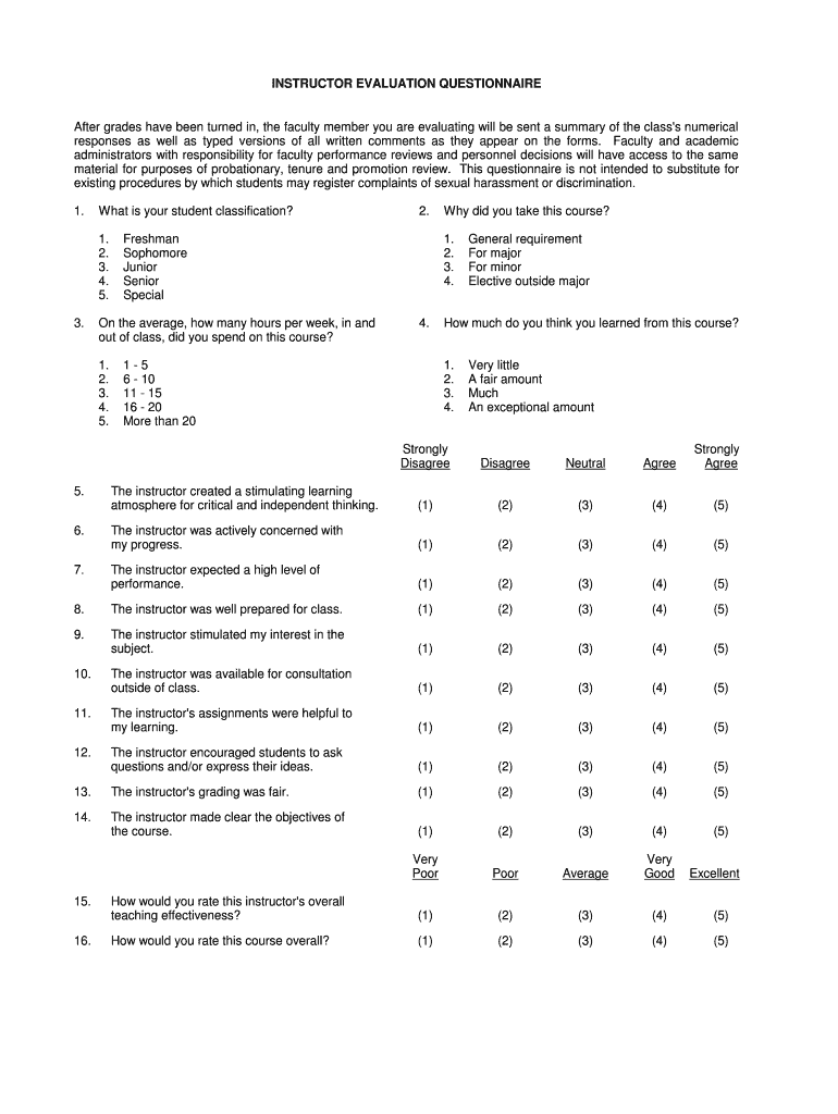 Fillable Online INSTRUCTOR EVALUATION QUESTIONNAIRE Fax Email Print ...