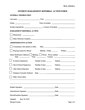 STUDENT HARASSMENT REFERRAL ACTION FORM