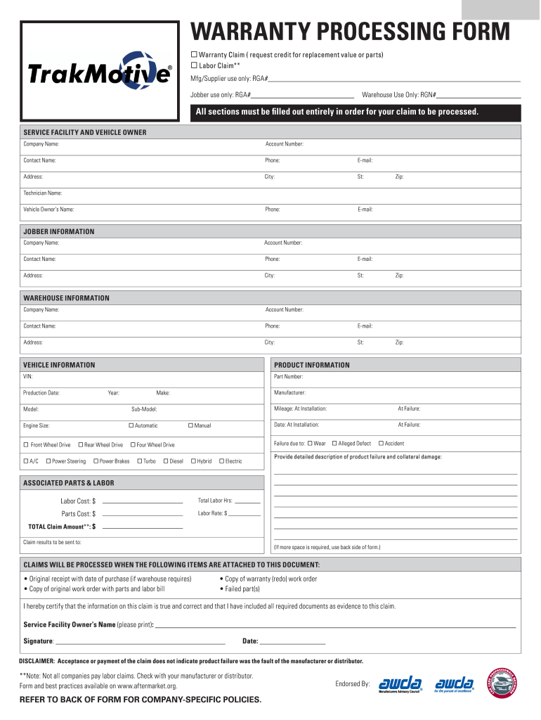 warranty processing form - Sanel Auto Parts Preview on Page 1.