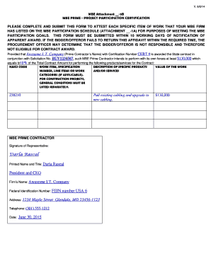 SAMPLE MBE Attachment 3B Prime Project Certification Form. SAMPLE MBE Attachment 3B Prime Project Certification Form