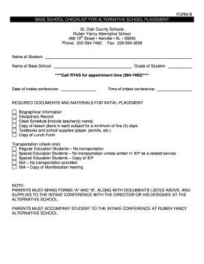 BASE SCHOOL CHECKLIST FOR ALTERNATIVE SCHOOL PLACEMENT Form B.doc