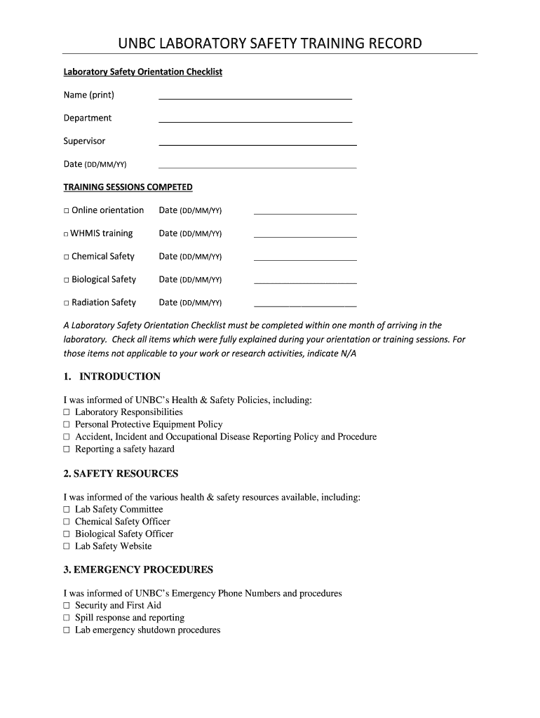 Fillable Online UNBC LABORATORY SAFETY TRAINING RECORD Fax Email Print