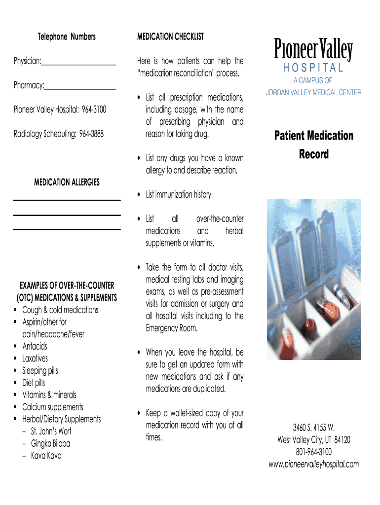 Fillable Online Patient Medication Record Jordan Valley Medical