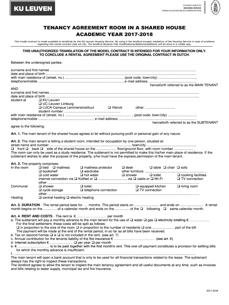 Fillable Online tenancy agreement room in a shared house KU