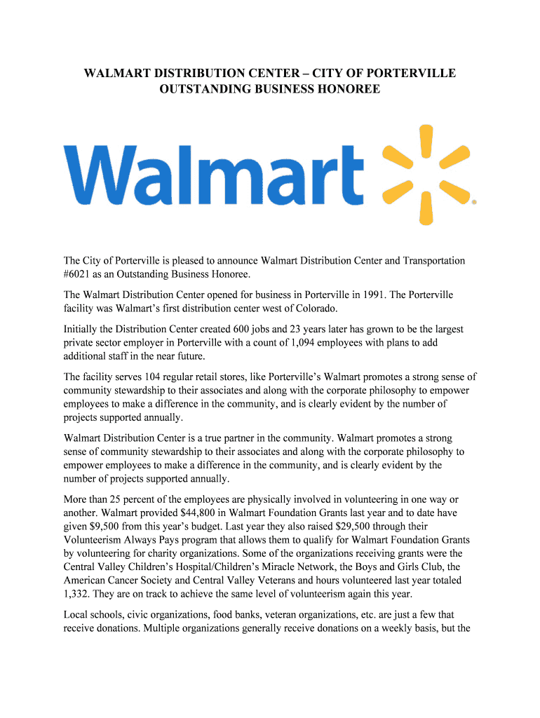 Fillable Online WALMART DISTRIBUTION CENTER CITY OF PORTERVILLE Fax