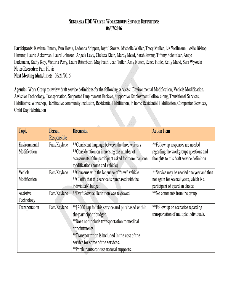 Fillable Online NEBRASKA DDD WAIVER WORKGROUP SERVICE DEFINITIONS Fax