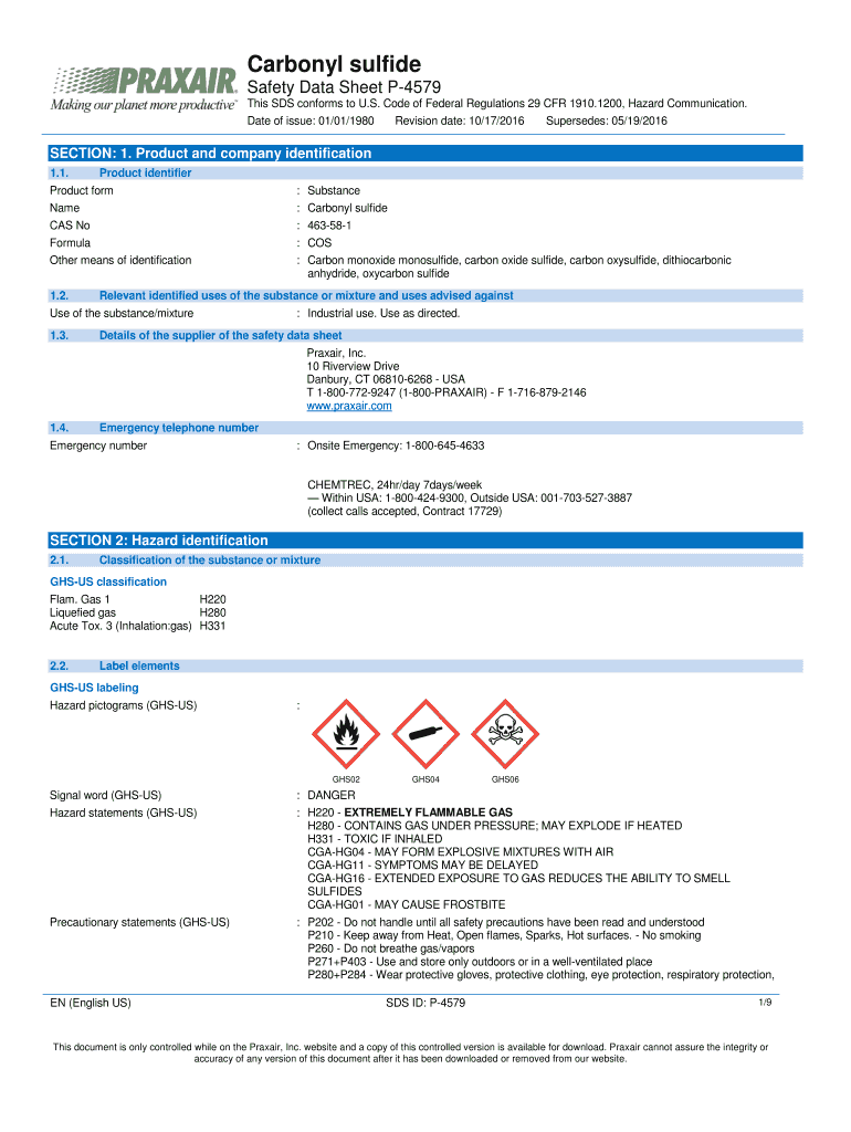 Fillable Online Carbonyl Sulfide OCS Safety Data Sheet SDS P4579
