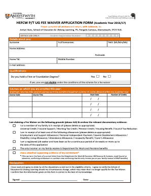 Fillable Online HEFCW P/T UG FEE WAIVER APPLICATION FORM (Academic ...