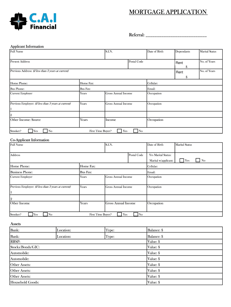 Fillable Online Mortgage Application Form CAI Financial Fax Email