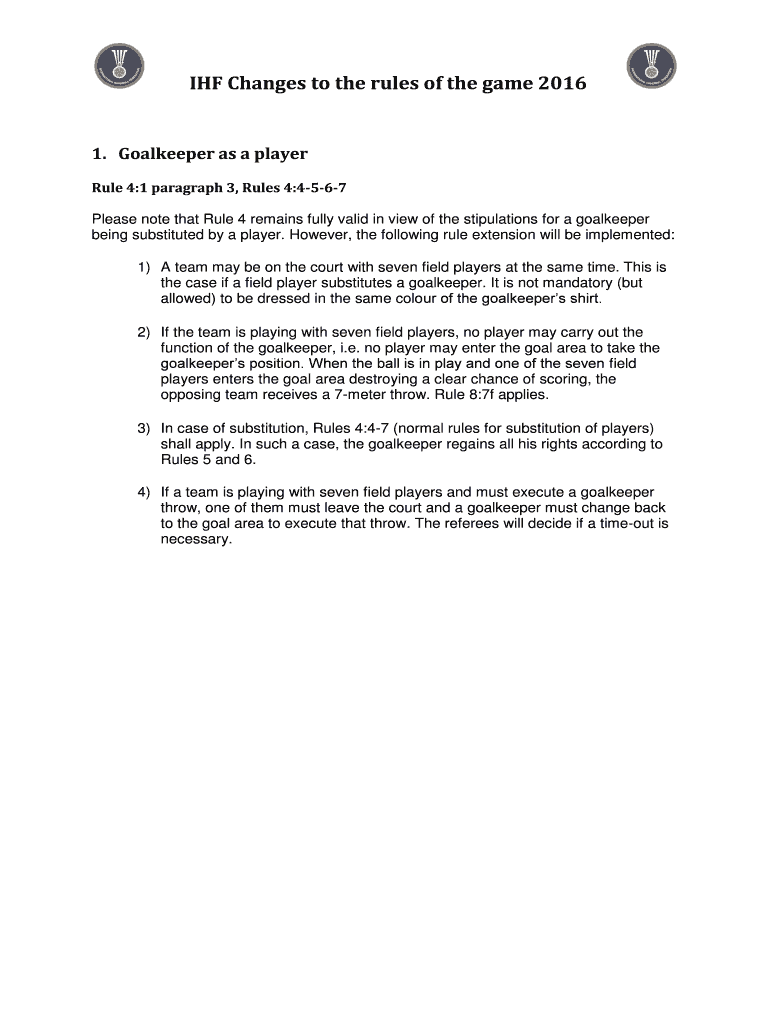 Fillable Online IHF Changes to the rules of the game 2016 Fax Email