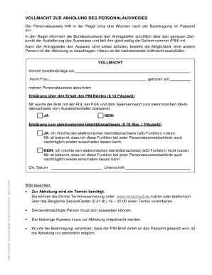 Fillable Online 332 Vollmacht zur Abholung des Personalausweis Fax