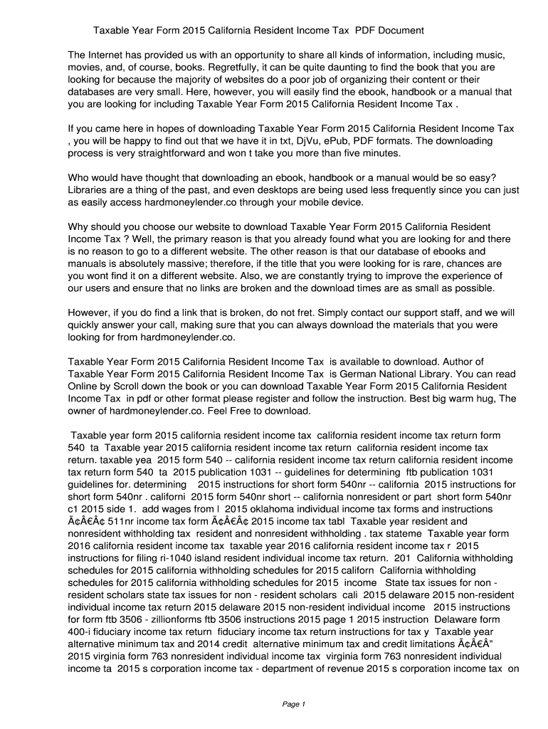 Fillable Online Taxable Year Form 2015 California Resident Tax